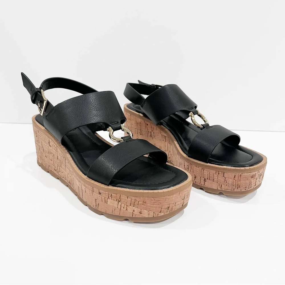 Giani Bernini Harperr Cork Platform Wedge Sandals Ankle Strap Black 6.5 NEW